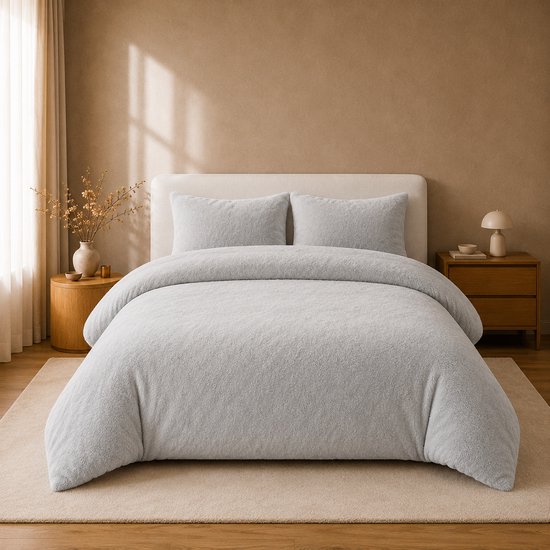 Grijze teddy fleece dekbedovertrek en kussens op een bed in een slaapkamer met natuurlijke tinten.