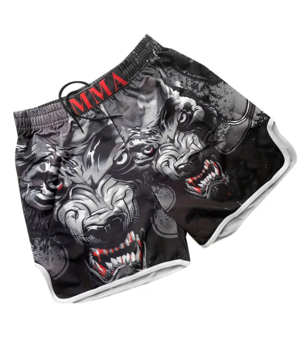 Zwarte boksbroek heren dames maat XXL met wolf print – Muay Thai sport short voor vechtsport, MMA, kickboksen, sanda en training met elastische tailleband