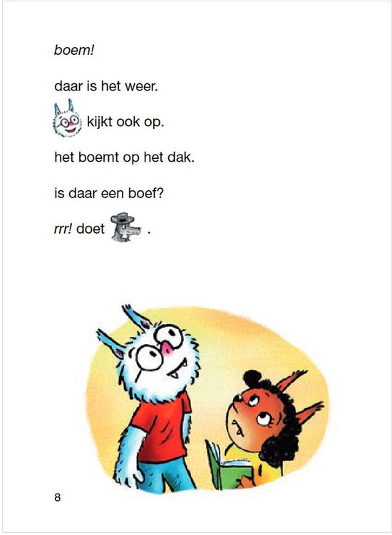 Een wit monster met bril en rood shirt kijkt naar een meisje met twee hoorntjes die een boek vasthoudt.