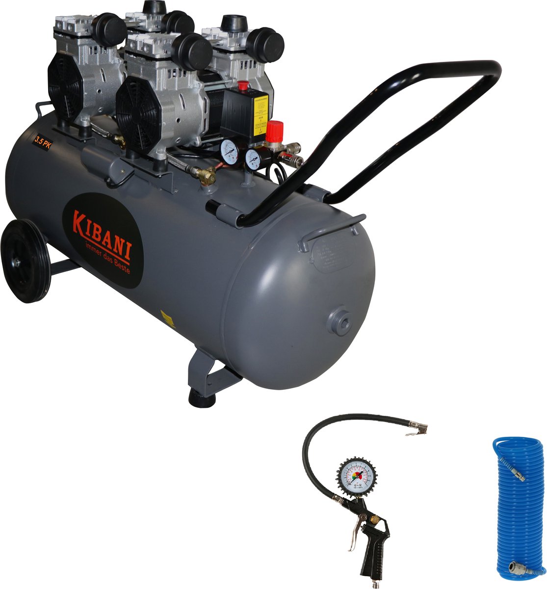 Kibani Super Stille Compressor 100 Liter - Incl. Luchtslang en Bandenpomp - Olievrij - 8 BAR - 63 dB - Low Noise - Compressoren - 100L