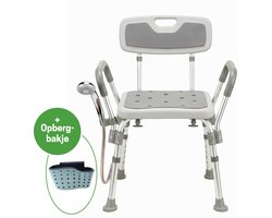 SoluHome® Douchestoel - Zithoogte: 43-53 cm - Met Afneembare Rugleuning en Armleuning - Douchekophouder - Badkamerkruk - Douchezitje - Douchekruk - Antislip - Met Douchekophouder en Bakje - Badkamerkruk