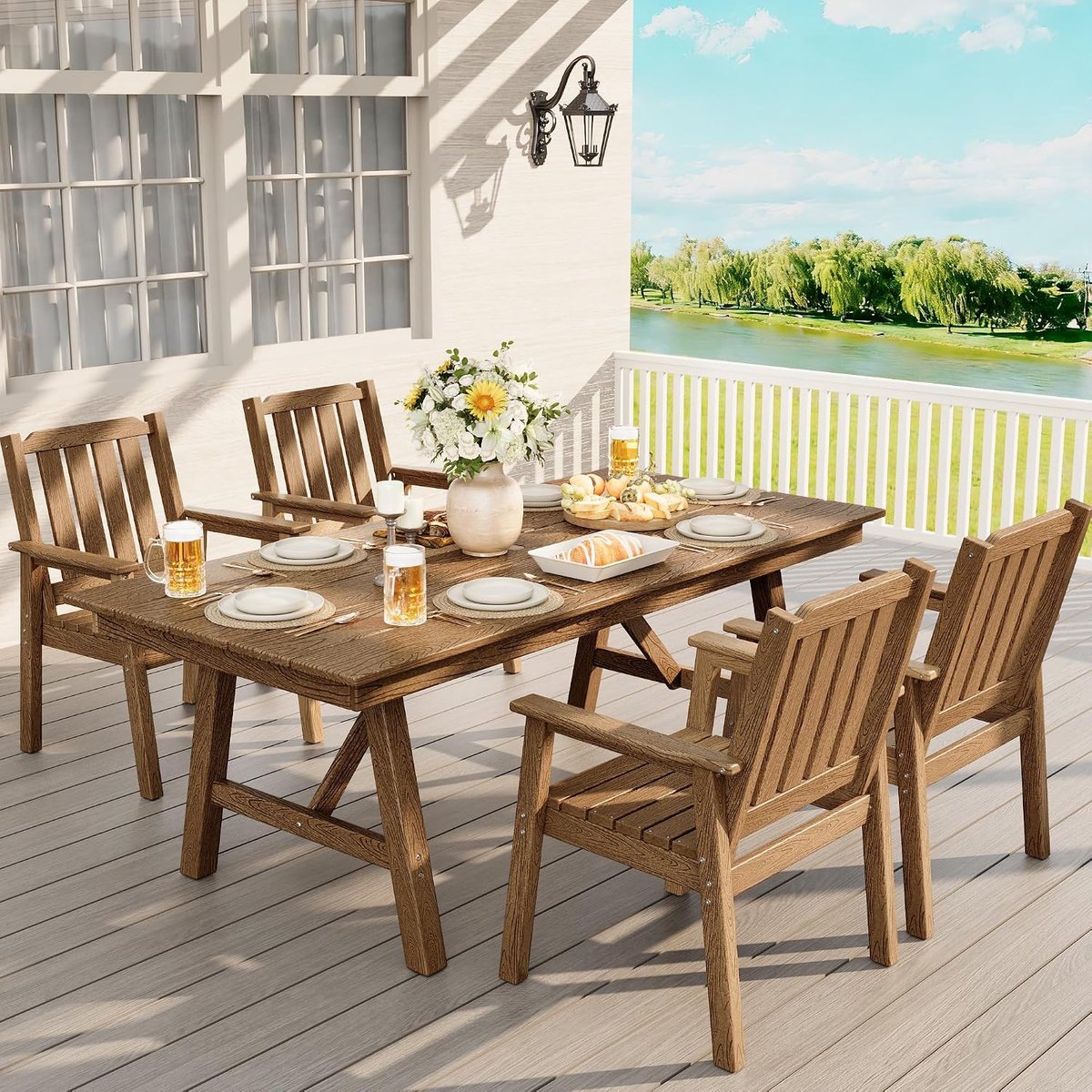 Set van 4 robuuste HDPE tuinstoelen Bruin, 61cm breed met lattenzitting, maximaal draagvermogen 295 kg, weerbestendig modern tuinmeubilair geschikt voor tuin, terras en zwembad