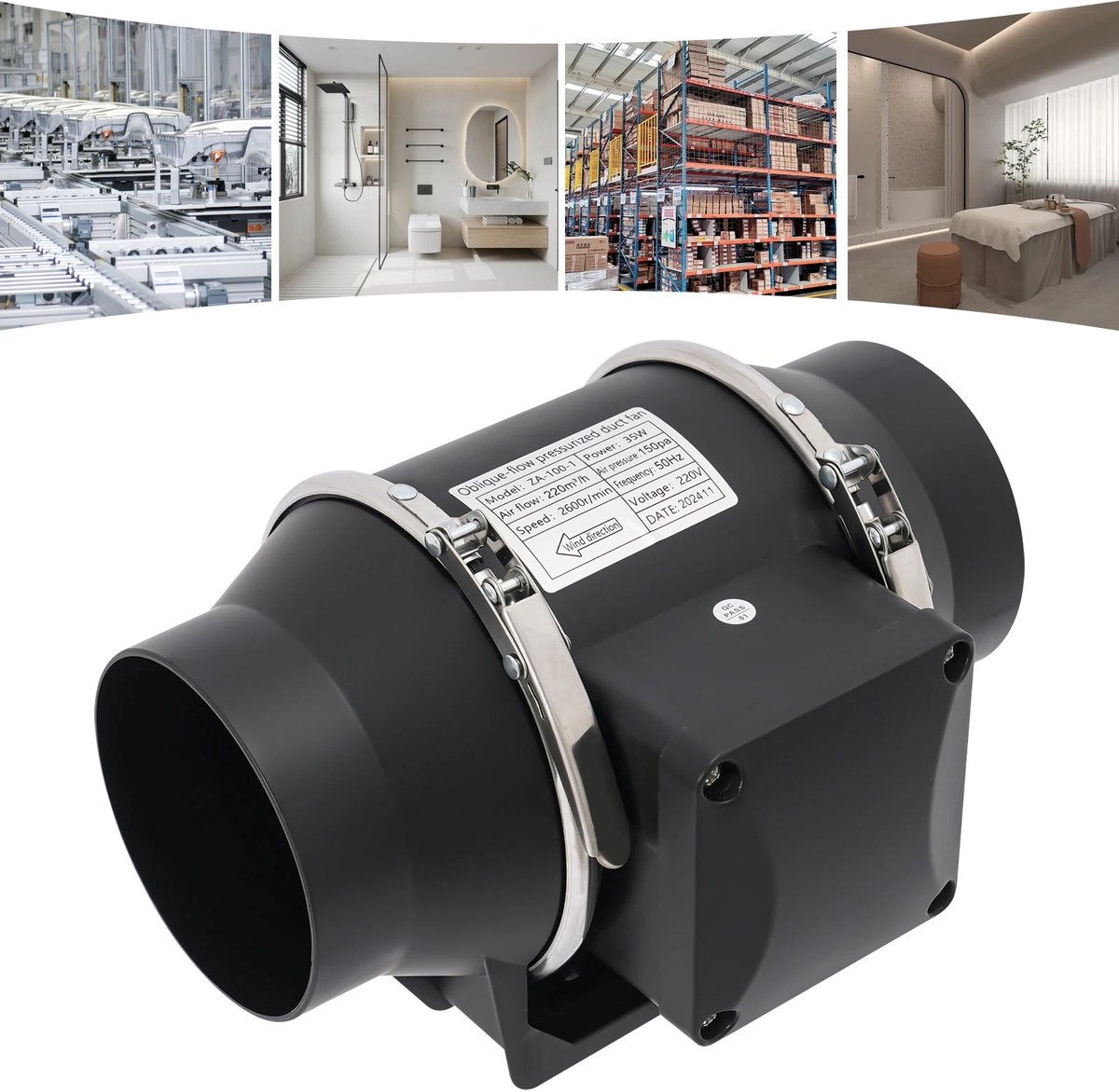 UFTA Inline Kanaalventilator 100mm - Stille Afzuigventilator 35W 2600 RPM - 220 m3/u Luchtstroom - Keuken Badkamer - Zwart