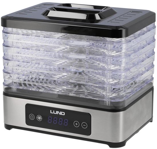 Zilveren en zwarte voedseldroger met 5 transparante stapelbare trays en een digitaal display.