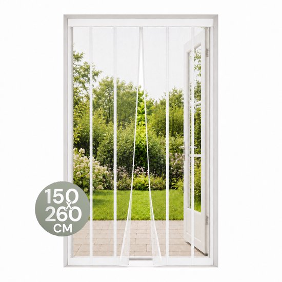 Witte lamellenhor van 150x260 cm voor een deuropening met uitzicht op een tuin.
