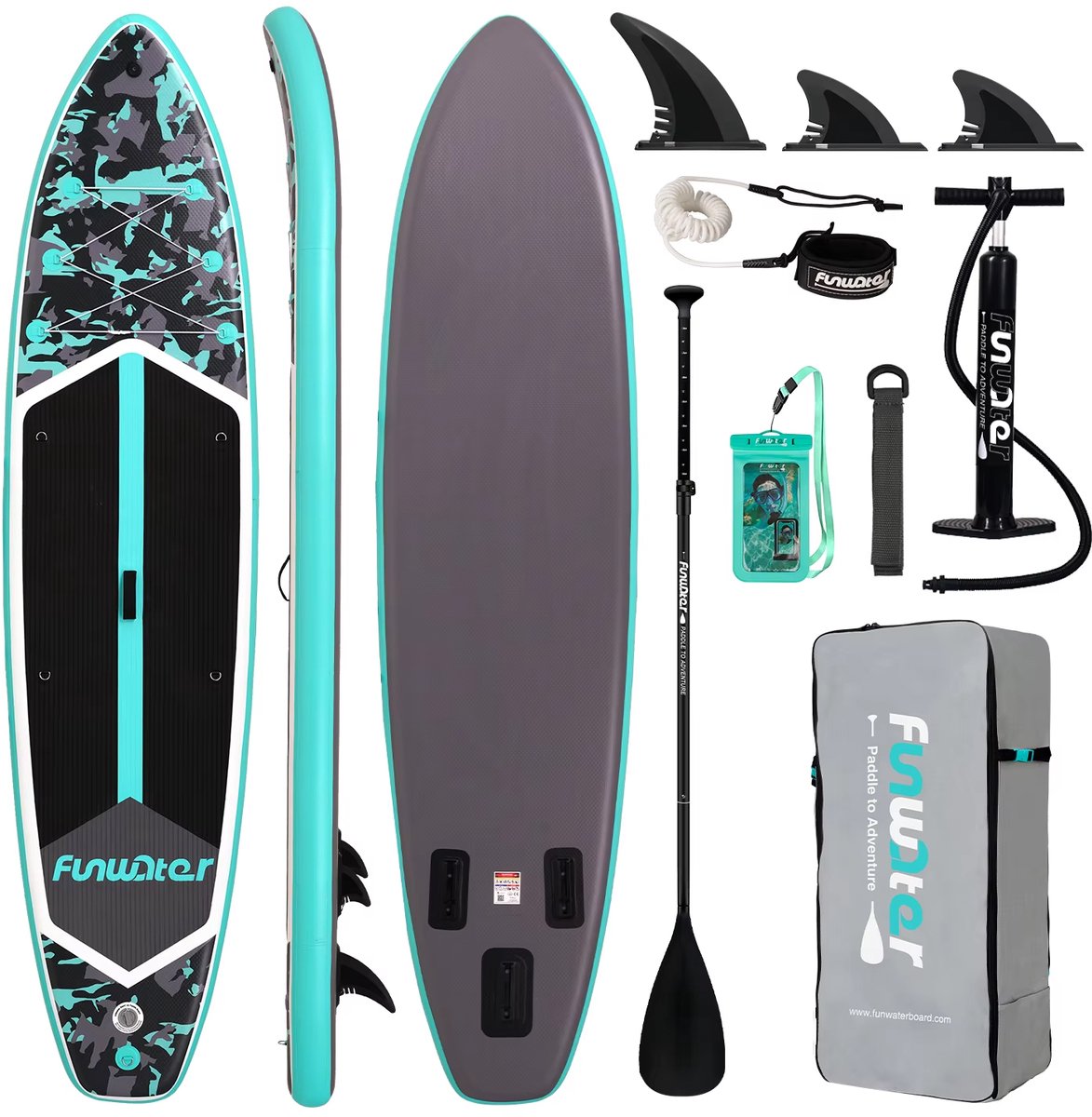 FUNWATER SUPFW32C – Opblaasbare SUP plank camouflage groen/zwart 350x83x15 cm – stabiel – ideaal voor yoga & vissen