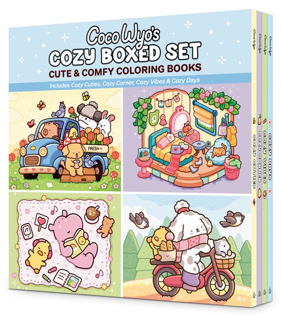 Coco Wyo's Cozy Boxed Set : livres de coloriage mignons et confortables avec des illustrations d'animaux adorables et des scènes douillettes.