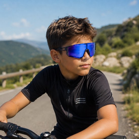 Zonnebril - Fiets - Sport - Festival bril - Rave - Voor kinderen - Semi randloos - Met zwarte pootjes - Blauw spiegelglas — afbeelding 3