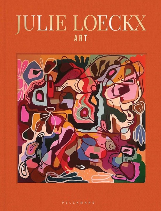 Boek met de titel 'JULIE LOECKX ART' op oranje kaft met kleurrijke, abstracte kunst erop.