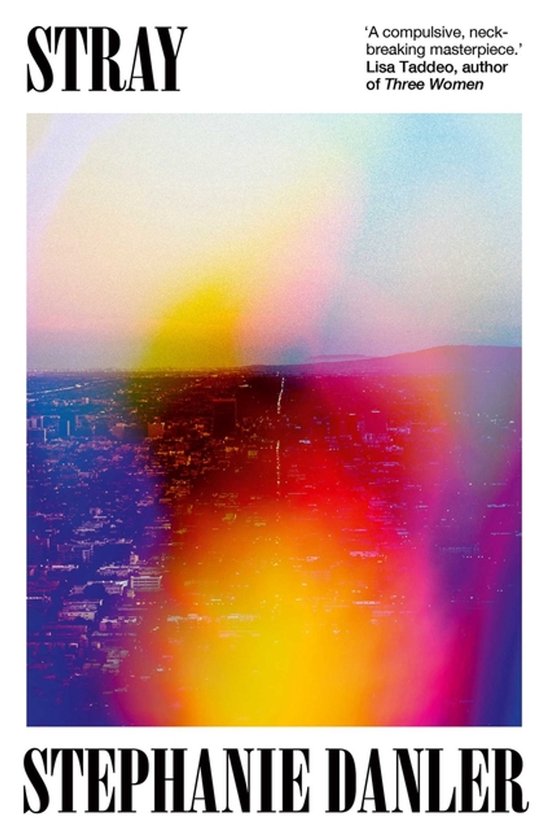 Boek "Stray" van Stephanie Danler met kleurrijke, abstracte gloed over een stad.