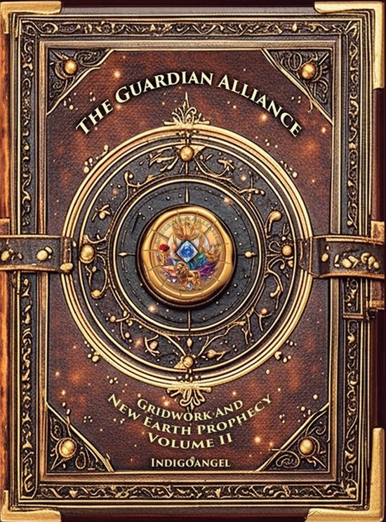 Bruin, lederachtig boek getiteld 'The Guardian Alliance' met gouden details, een kompasontwerp en een centraal juweel.