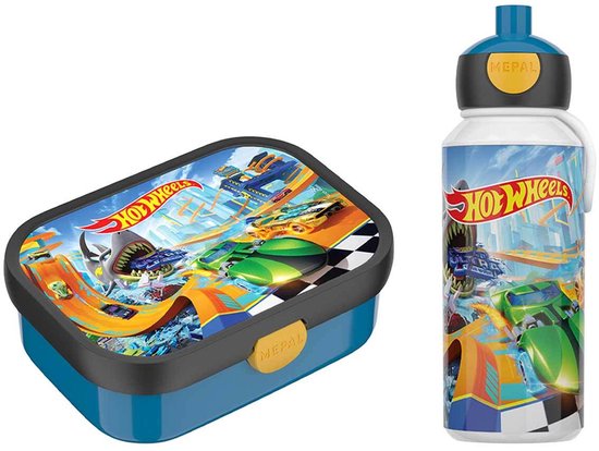 Boîte à tartines et gourde bleues avec des voitures de course Hot Wheels, des routes et un drapeau à damier.