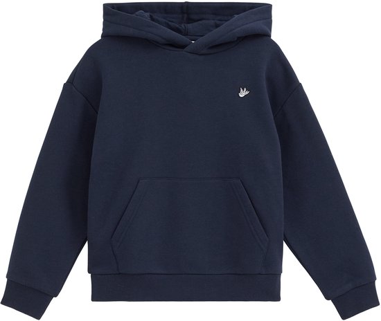 Donkerblauwe hoodie met capuchon, kangoeroezak en witte vogelembroidery op de linkerborst.