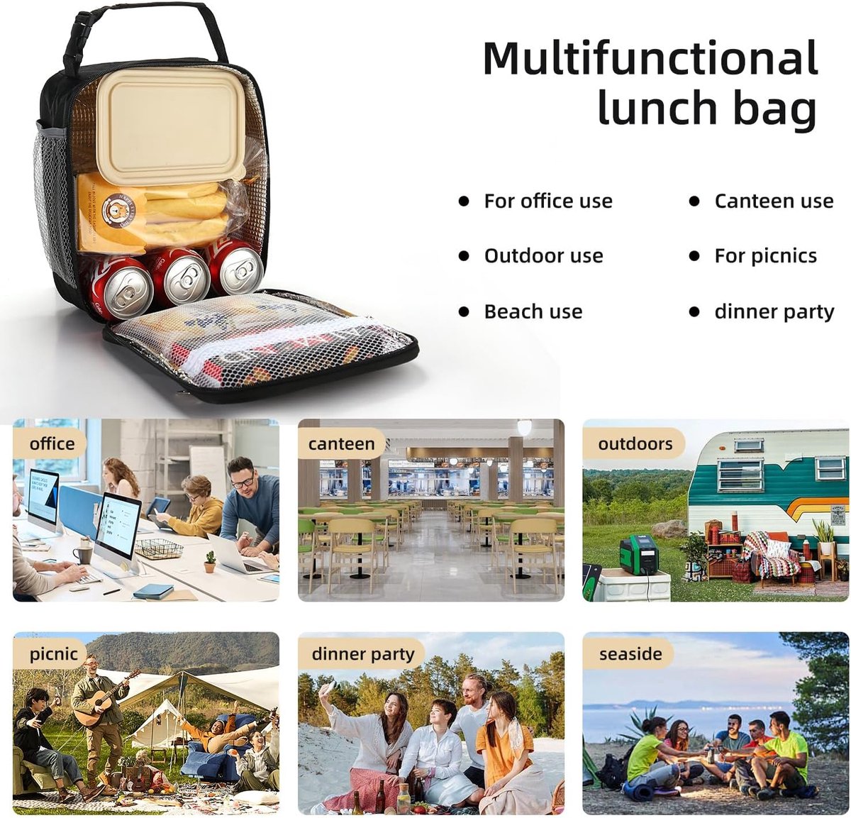 Draagbare Koeltas - Lunchtas - Geïsoleerde Lunch Tas - Thermal Bag - Compact & Handig - Grote Capaciteit - School - Lunch - Werk - Zwart - Meerlaagse Verdikte Aluminiumfolie - Voor Picknicks, Kamperen, Werk, Het Dagelijks Leven — cadeau in Cadeau-ideeën - foto 4