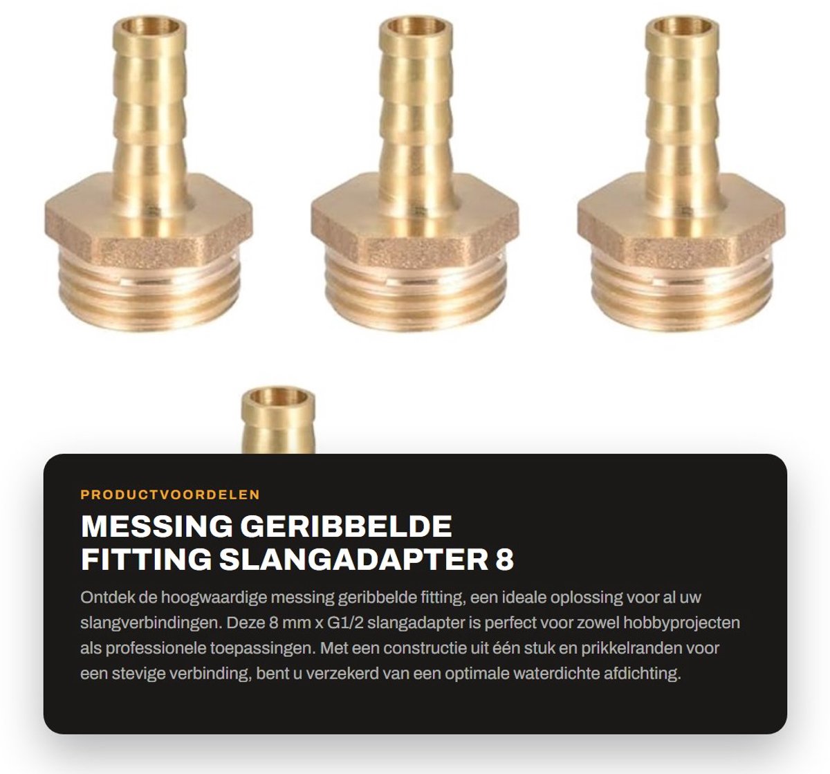 Dailygoods - Messing geribbelde fitting - Slangadapter - 8 mm x G1/2 - 5 stuks - Waterdichte afdichting - Geschikt voor flexibele slangen - Goudkleurig
