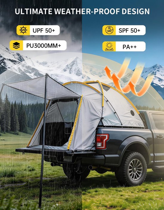 Danky Auto Campingtent-Tent Voor Auto-Pickup Tent 210D Oxford - Laadbak Luifel Waterdicht UV-bestendig met Steunpoten - 315×180×170cm - Incl. Luifelstokken — afbeelding 4