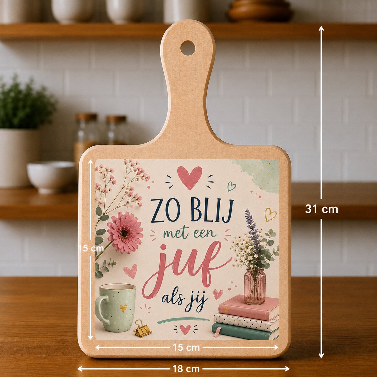 Kaasplank met Tegel Zo Blij met een Juf als Jij – Bedankcadeau voor Juf – Houten Serveerplank 18x31 cm met Tegel 15x15 cm