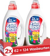 Twee flessen Color Reus Ultra Concentrated vloeibaar wasmiddel in een rode kartonnen verpakking. "2x 62 = 124 wasbeurten" staat op de voorkant.