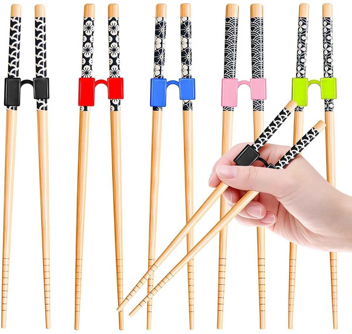 Dailygoods - 5 Paar Bamboe Eetstokjes met Eetstokjeshulpen - Herbruikbare Set