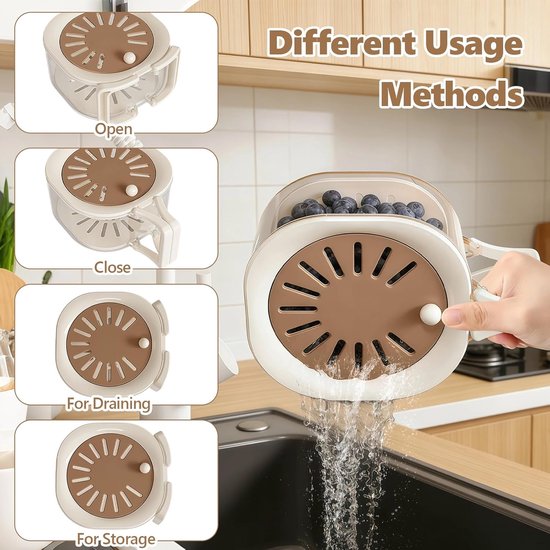 Afdruipmand - Filtermand - Fruitwasmand - Groentewasmend - Met filter - Afneembaar - Met afdruipgaatjes - Inklapbare handgreep - Keukenaccessoires - Geschikt voor keuken, kamperen, buitengebruik (bruin, 15*8,5 cm) — afbeelding 3