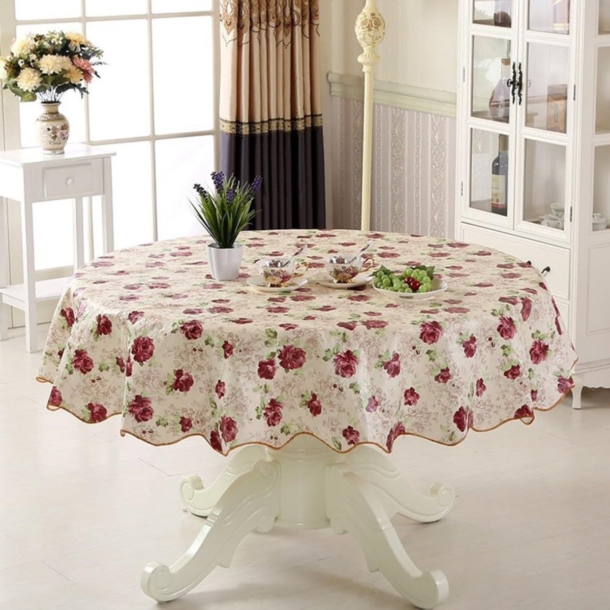 Dailygoods- Tafellaken Waterdicht - Ronde Tafelkleed - Goud/Roze/Zonnebloemstijl - PVC Materiaal - Geschikt voor 6 Zitplaatsen - Elegant Ontwerp