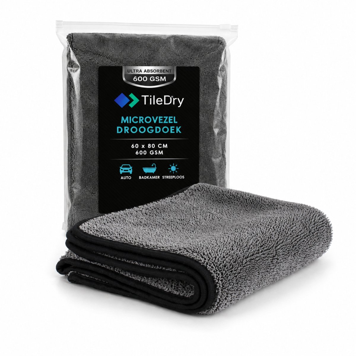 TileDry® Droogdoek Auto 60 x 80 cm – Microvezeldoek 600 GSM – Streeploos & Krasvrij – Voor Auto, Motor, Glas, Camper & Badkamer