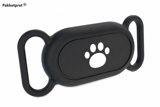 Zwarte halsband trackerhoes voor huisdieren met een witte pootafdruk erop, met lussen aan weerszijden.