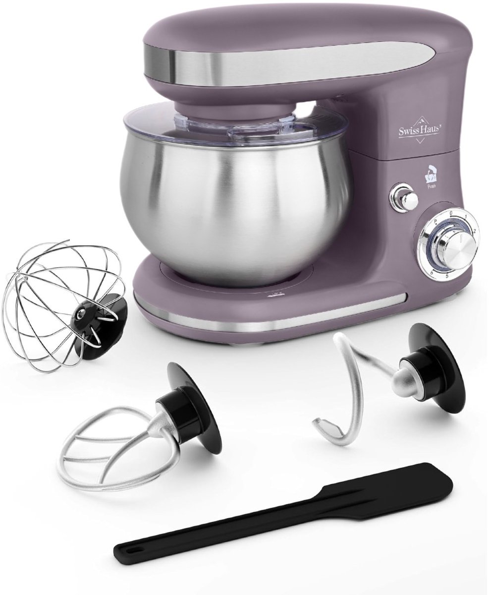 Swiss Haus® KM1805 Keukenmachine - 1300W Keukenrobot – 5L RVS Mengkom – Keukenmixer met 6 Snelheden + Pulse – met Deeghaak & Garde – Paars