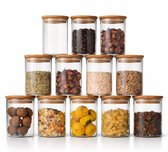 Greenky 12 Glazen Voorraadpotten met Bamboe deksel - Voorraadpotten Glas Met Deksel - 280 ML - 12 Delige Set - BPA-vrij - Met Pen & Herschrijfbare Stickers - Vershoudpot - Voorraadbussen - Snoeppot - Bamboe voorraadpot
