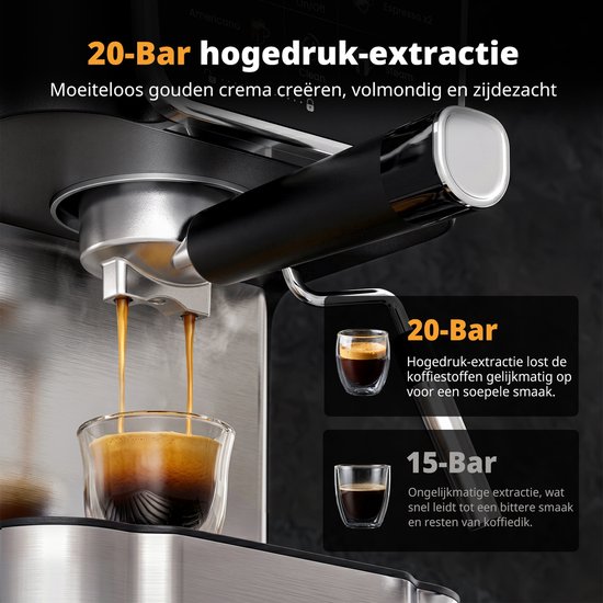 Close-up van het zetten van espresso met een 20-bar hogedruk-extractie voor een soepele smaak.