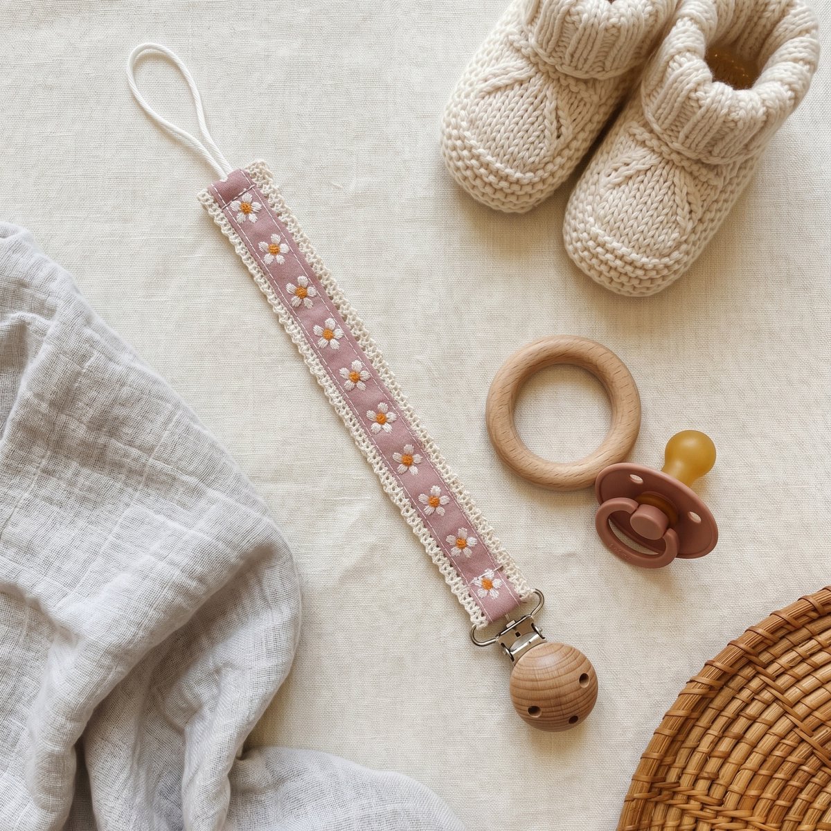 Speenkoord Katoen Madeliefjes | Roze Speenkoord met Houten Clip | Fopspeenhouder Baby | Speenketting | Kraamcadeau Meisje | Babyshower Cadeau – foto 4