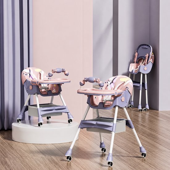 Kinderstoel Baby Inklapbaar & Verstelbaar – Hoge Kinderstoel met Dubbel Afneembaar Dienblad, 5-Punts Veiligheidsgordel, Wielen met Rem, Opbergtas & Verstelbare Rugleuning – Roze/Paars