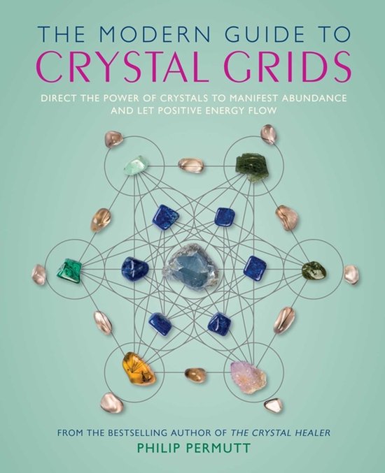Boekomslag: The Modern Guide to Crystal Grids met gekleurde kristallen gerangschikt op een geometrisch rasterpatroon.