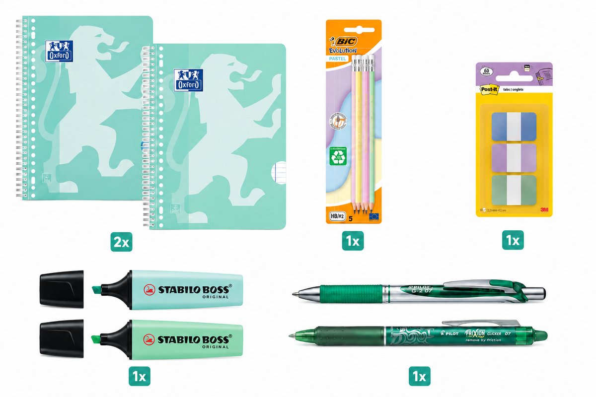 Back to School - Schoolset - Collegeblok A4+, Pennen & Markeerstiften - Scholieren en Studenten - Pastel Groen
