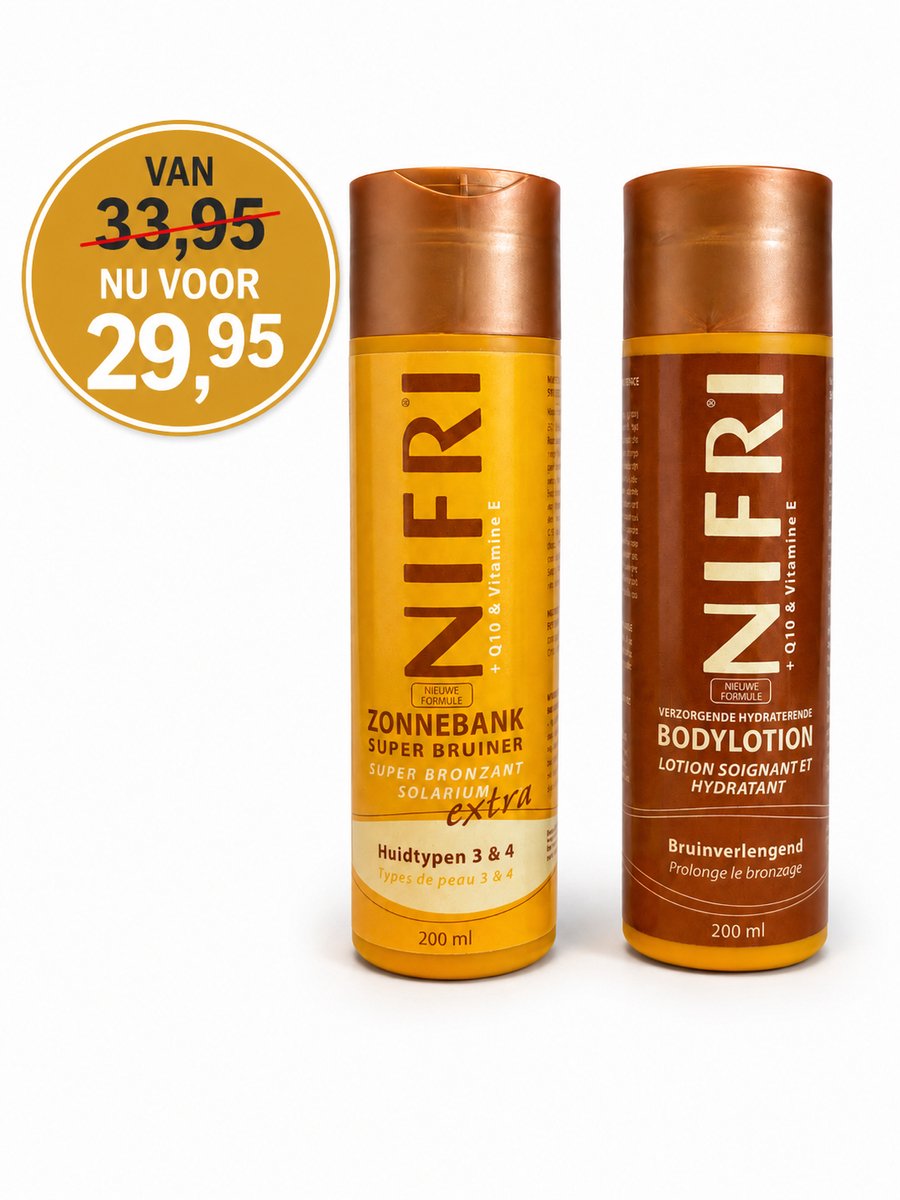 Nifri Zonnebankcrème Voordeelset Huidtype 3 & 4 – Super Bruiner 200ml + Bruinverlengende Bodylotion 200ml – Voor & Na de Zonnebank – Hydraterend met Q10 & Vitamine E