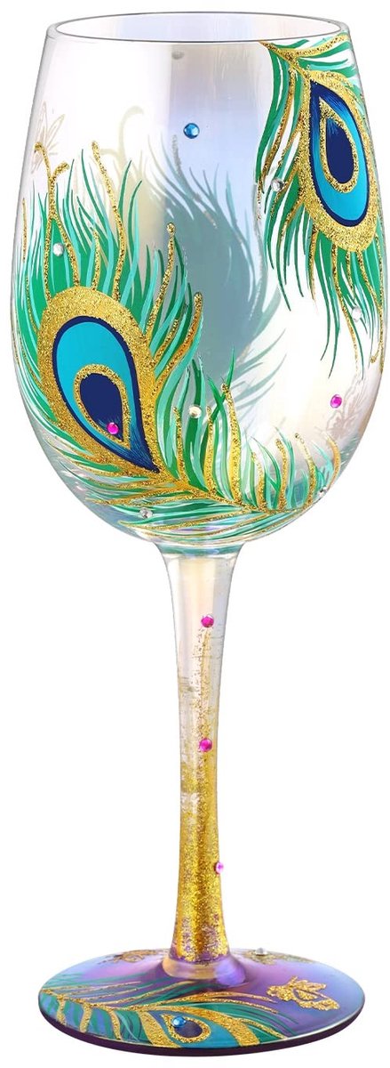 Dailygoods- Wijnglas Handgeschilderd 15oz - Pauwenveer - Glanzend - Cadeau voor Vrouwen - Kristalglas - Verzamelaarsitem - Decoratieve Glazen