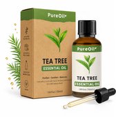 Verpakking en flesje PureOil 100% pure tea tree oil, met pipet en groene bladeren.