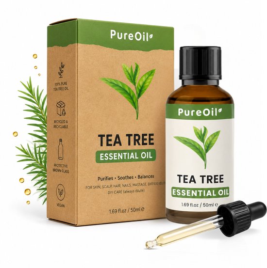 Emballage et flacon d'huile d'arbre à thé 100% pure PureOil, avec pipette et feuilles vertes.