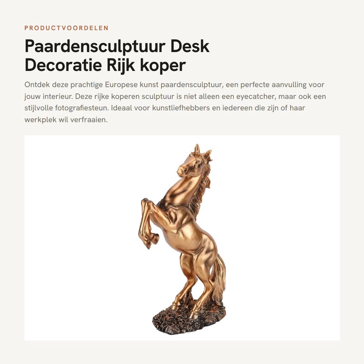 Dailygoods- Paardensculptuur Rijk Koper - Europese Kunst - Desk Decoratie - Fotografiesteunen - Uniek Design - Perfect voor Interieur - Beeldhouwwerk