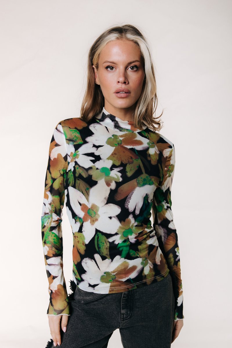 Colourful Rebel Neyo Flower Mesh Turtleneck Top- M