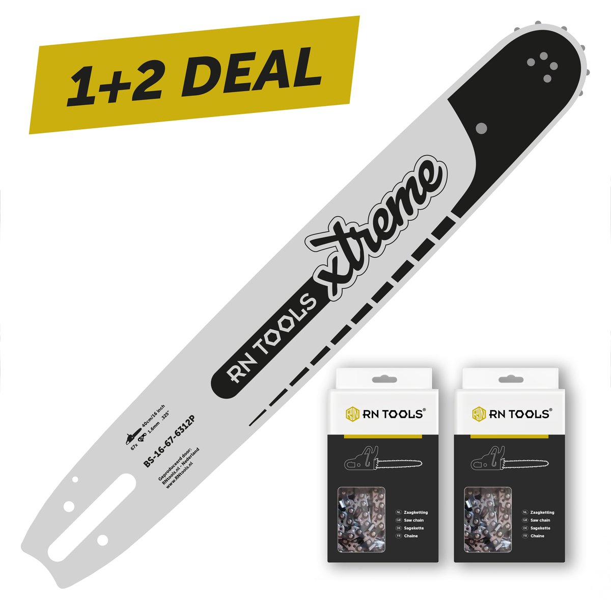 RNtools Kettingzaagblad Xtreme 40 cm .325 1.6 mm (0.063") o.a. Stihl + 2x RNtools Zaagketting .325 1.6 mm (0.063") 67 schakels