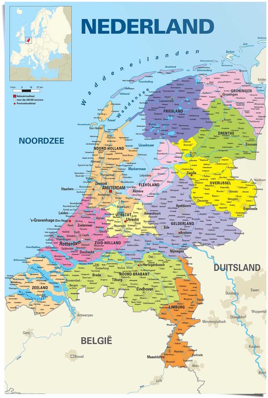 Poster Schoolkaart Nederland - 91,5 x 61 - Papier - REINDERS