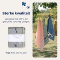 Plusieurs torchons sur une corde à linge, dont des motifs avec des poules, des fleurs et des pois.