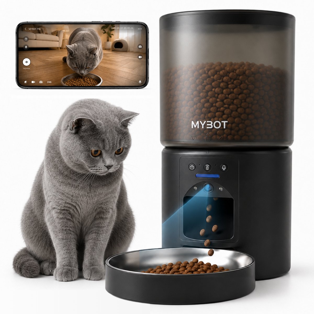 MYBOT Automatische Voerbak met Camera - Kat en Hond - Voerautomaat 4L - Met App en Spraakopname - Voor Droogvoer - Zwart - P4