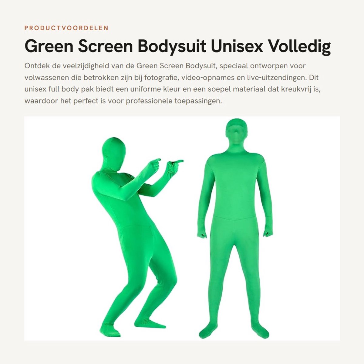 Dailygoods- Greenscreen Bodysuit Unisex - Volledig Lichaamspak - Lichtgewicht en Duurzaam - Comfortabel Stretchontwerp - Geschikt voor Fotografie en Film - Achterritssluiting - Chroma Key Suit