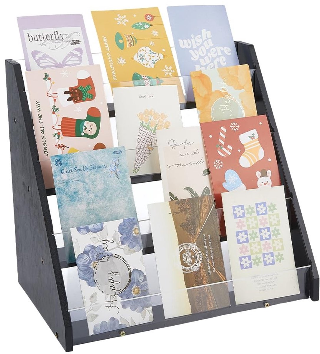 Dailygoods - 4-Laags Wenskaarten Display Standaard - Bamboe en Acryl Organizer voor Thuis of Winkels