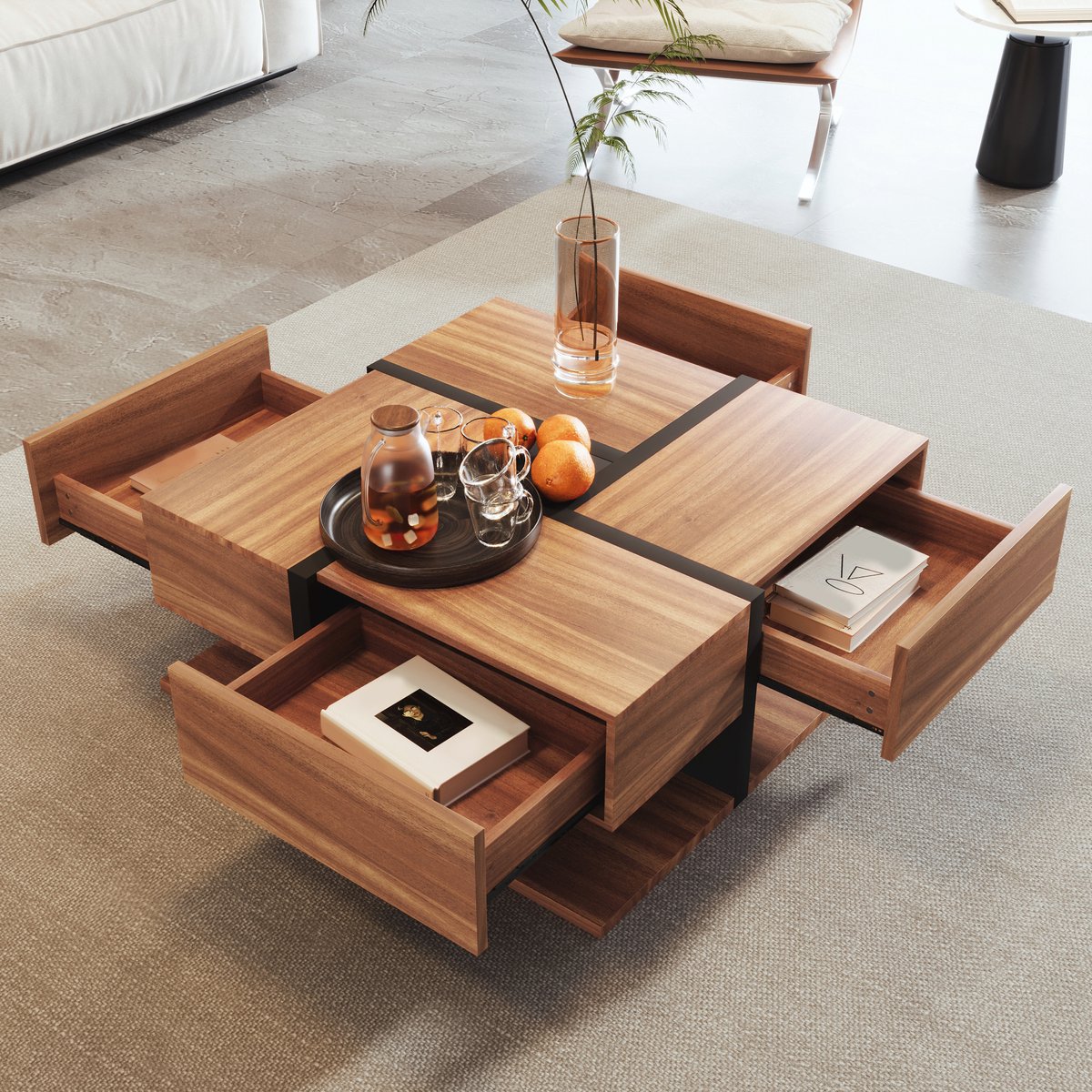 DESMIU Salontafel - Vier Lades Met Uniek Lijnenpatroon En Onderplank - Voor Woonkamer En Ontspanningsruimte - Spaanplaat - Naturel - 78x78x36 Cm