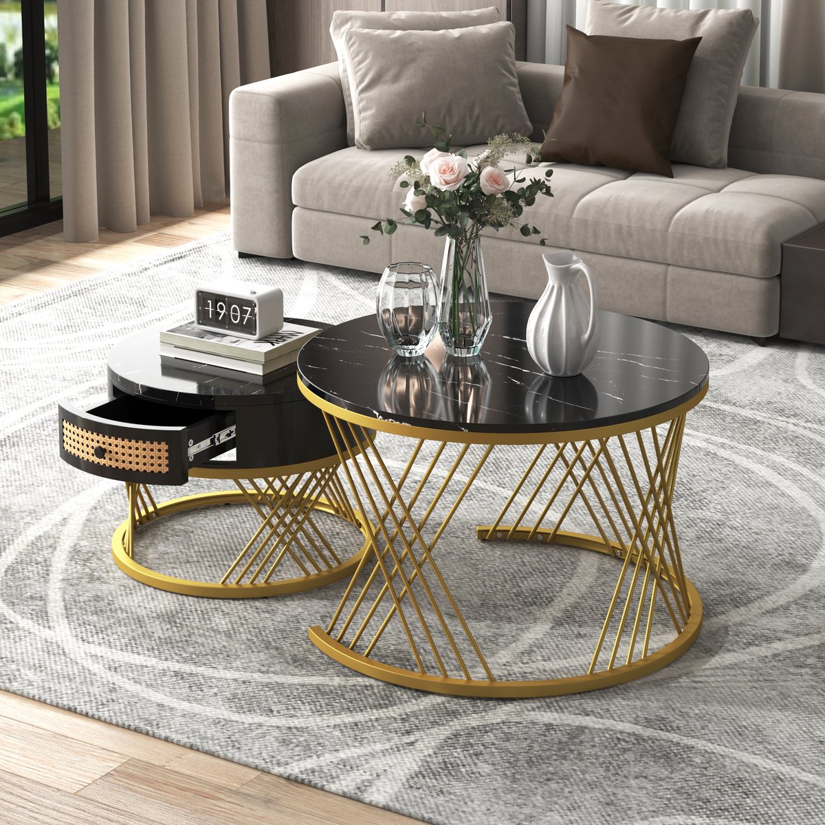 DESMIU Salontafel Set - Ronde Tafels Met Lade En Marmerlook - Ruimtebesparend Voor Woonkamer En Balkon - MDF En Metaal - Zwart Goud