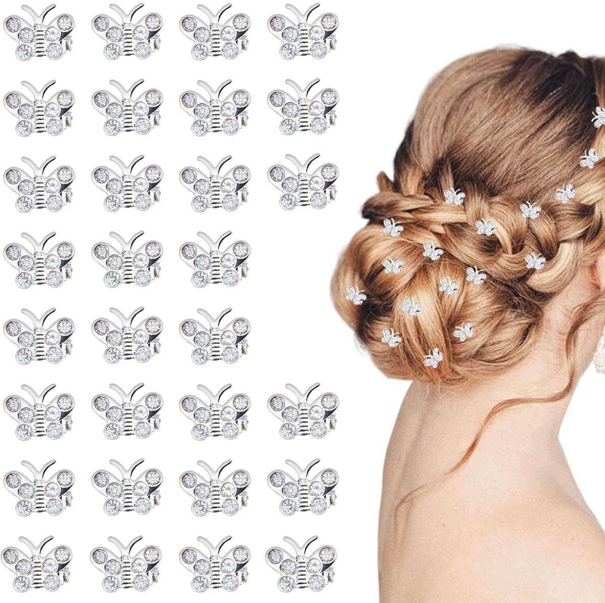 30 Stuks Mini Strass Vlinder Haarspeldjes | Zilveren Glinsterende Haarclips | Feeërieke Bruiloft Bruid Haaraccessoires | Decoratieve Haarspelden Voor Dames | Voor Huwelijk Feestjes En Dagelijks Gebruik | Stevige Grip Zonder Haarbeschadiging| Cyslmuk®