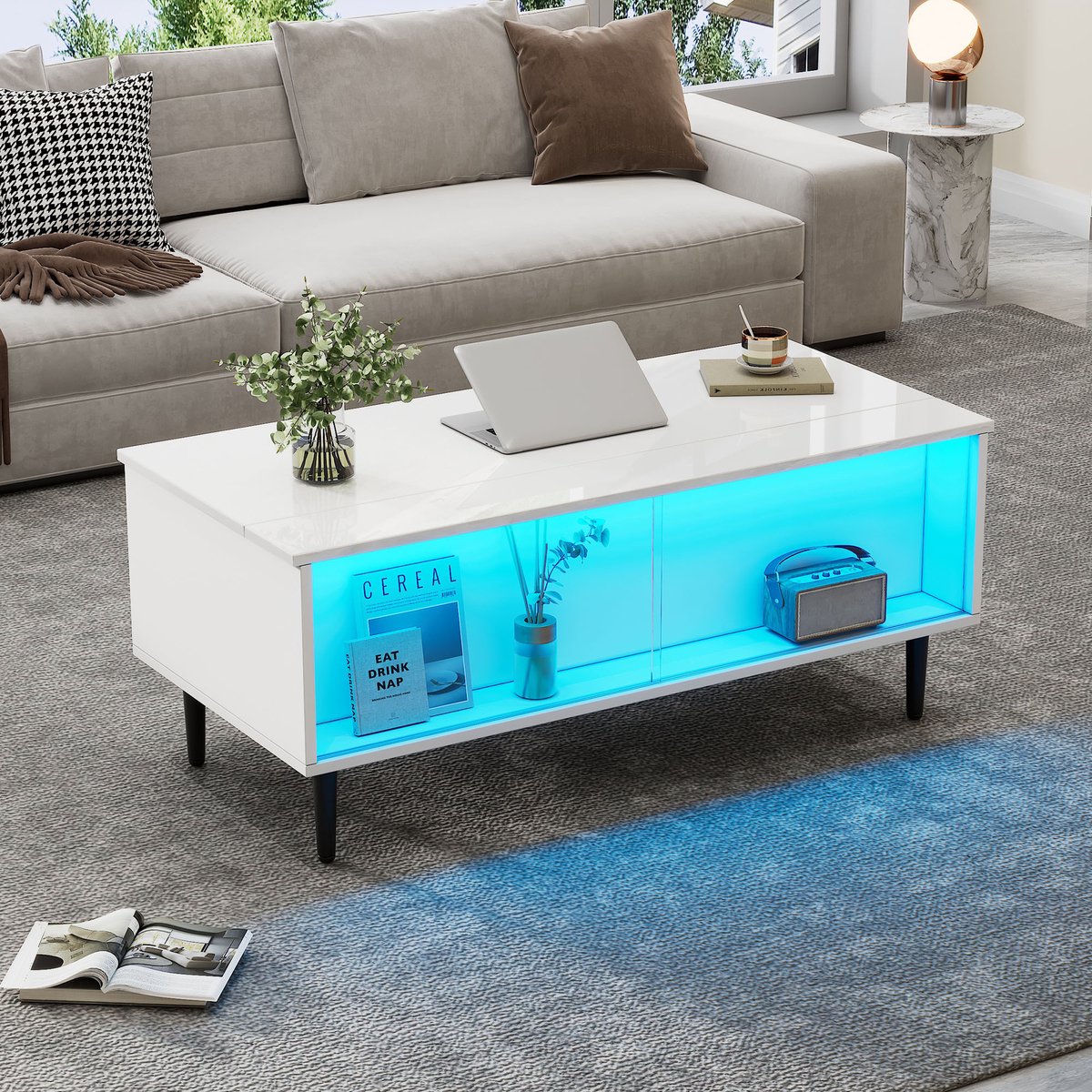 DESMIU Bijzettafel - Hoogglans Opklapbaar Met Led En Verborgen Opbergruimte - Voor Woonkamer En Werkhoek - Spaanplaat En Gehard Glas - Wit - 105 X 50 X 43 Cm